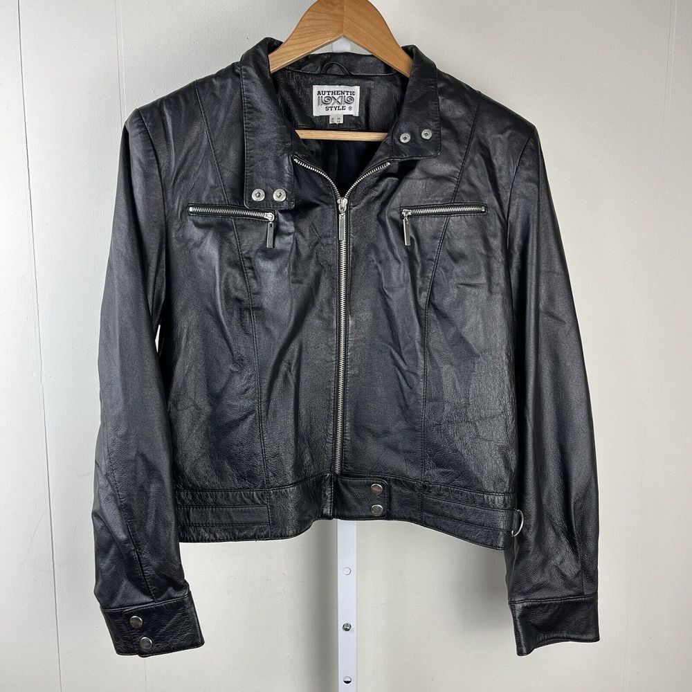 Vintage Motorcycle Jacket Black Leather Full‎ Zip Y2K Biker Womens US 14